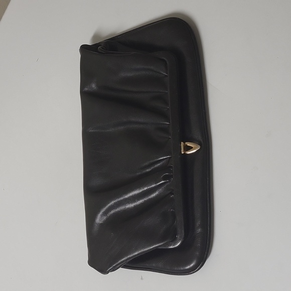 VINTAGE Foldable black Leather Clutch - Picture 1 of 16